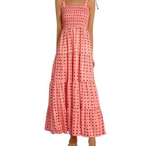 Gorgeous smocked top, tie shoulder maxi dress.